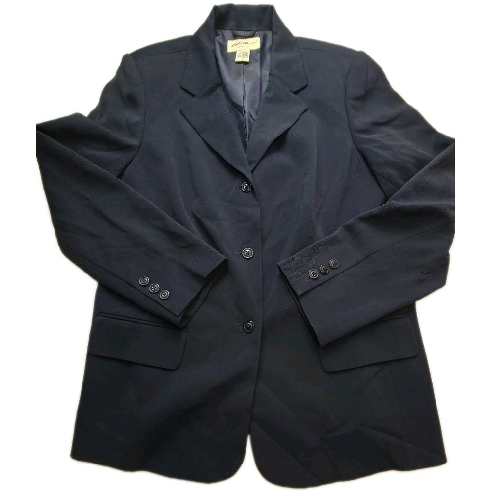 Eddie Bauer Women's Navy Blue Blazer Size 12 Peak Lapel Button Front Jacket